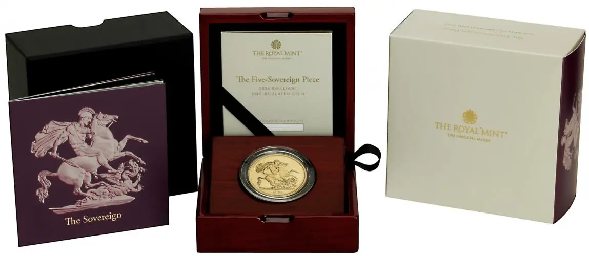 2026 Gold BU Quintuple Sovereign Coin display