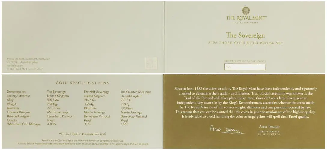 2026 Gold Proof Sovereign 3 Coin Set certificate