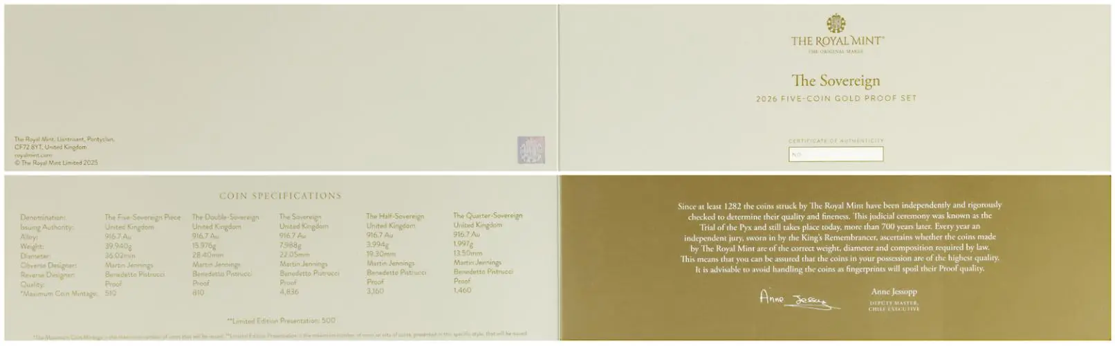 2026 Gold Proof Sovereign 5-Coin Set certificate