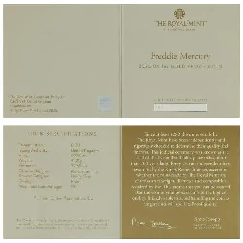 2025 Freddie Mercury 'Music Legends' 1 oz Gold Proof Coin certificate