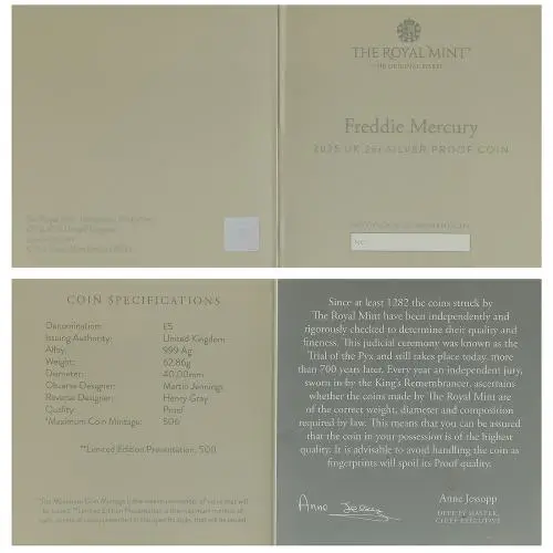 2025 Freddie Mercury 'Music Legends' 2 oz Silver Proof Coin certificate