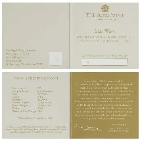 2023 Gold Proof 0.25 Ounce Star Wars Charles III Luke Skywalker and Princess Leia certificate
