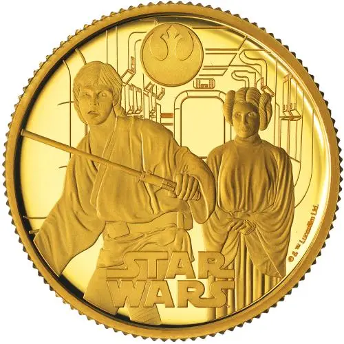 2023 Gold Proof 0.25 Ounce Star Wars Charles III Luke Skywalker and Princess Leia reverse