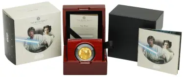 2023 Gold Proof 0.25 Ounce Star Wars Charles III Luke Skywalker and Princess Leia box display