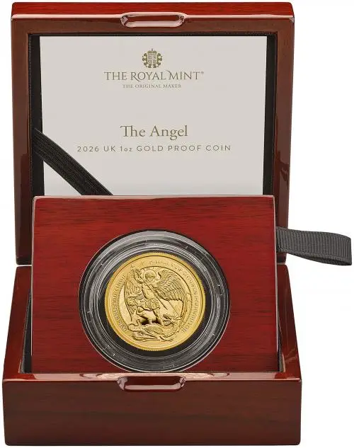 2026 The Angel Gold Proof 1oz Coin Reverse box display TRM imagery