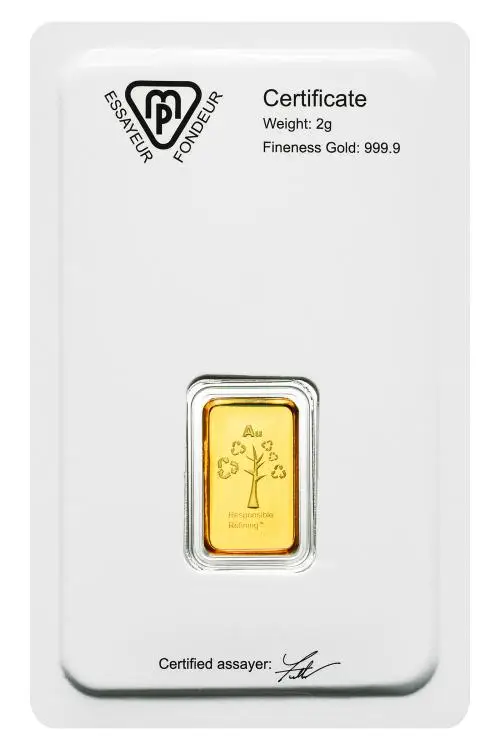 Metalor 2g Minted Gold Bullion Bar obverse old packaging 4