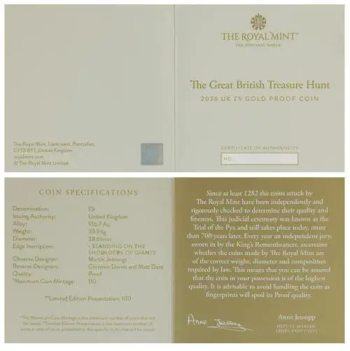 2026 'The Penny Drops' Great British Treasure Hunt £5 Gold Proof Coin certificate