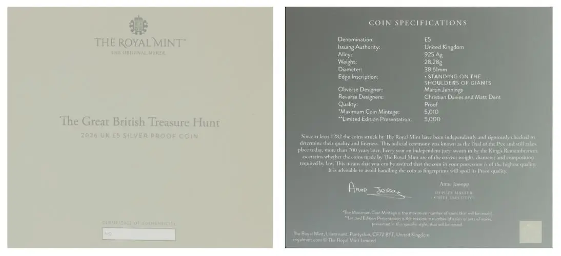 2026 'The Penny Drops' Great British Treasure Hunt £5 Silver Proof cert