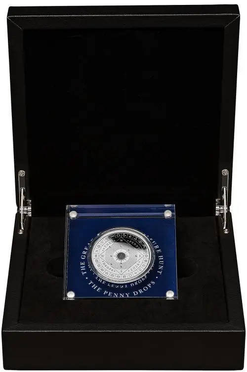 2026 'The Penny Drops' Great British Treasure Hunt £5 Silver Proof reverse box
