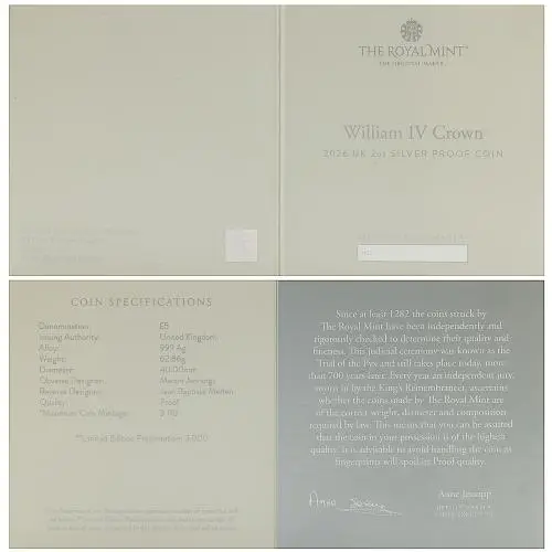 2026 Great Engravers William IV Crown 2 oz Silver Proof Coin certificate