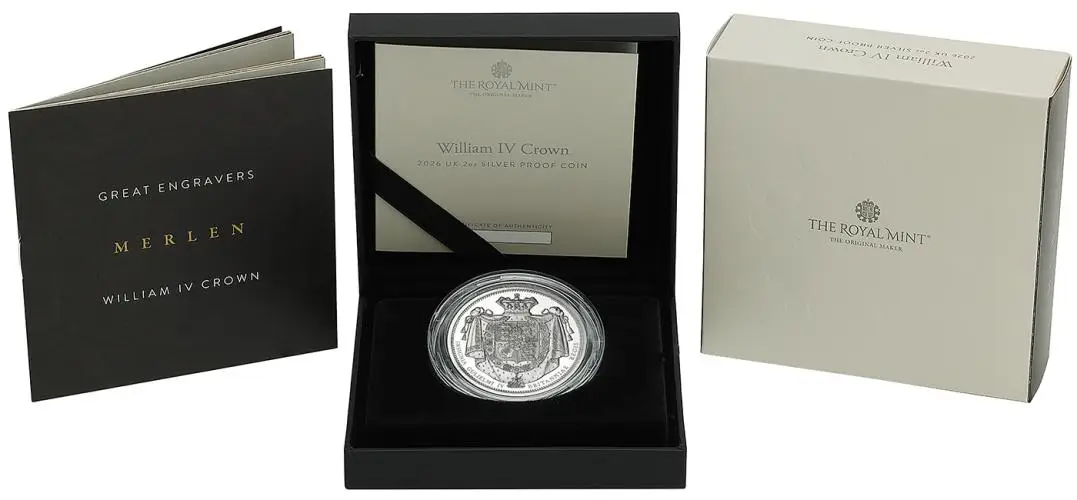 2026 Great Engravers William IV Crown 2 oz Silver Proof Coin display