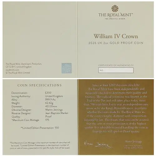 2026 Great Engravers William IV Crown 2 oz Gold Proof Coin certificate
