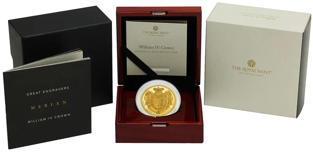 2026 Great Engravers William IV Crown 2 oz Gold Proof Coin display