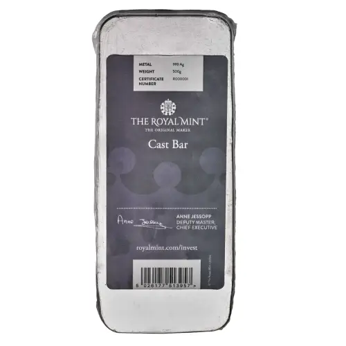 The Royal Mint Cast Silver 500g Bullion Bar Reverse Crop