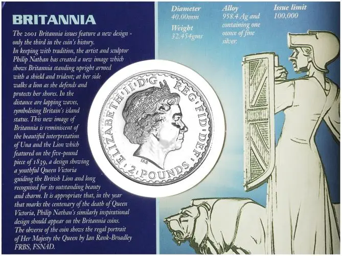2001 Silver Bullion 1 Ounce Britannia  Coin In Sleeve The Royal Mint obverse