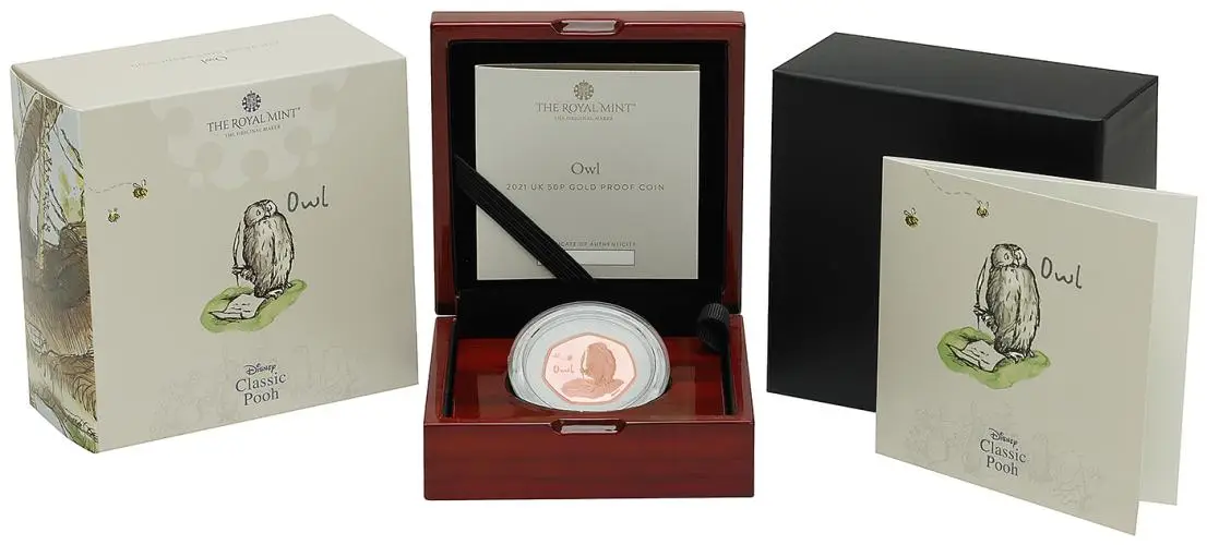 2021 Winnie the Pooh & Friends Gold Proof 'Owl' 50p Coin display