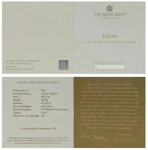 2022 Winnie the Pooh & Friends Gold Proof  'Eeyore' 50p Coin certificate