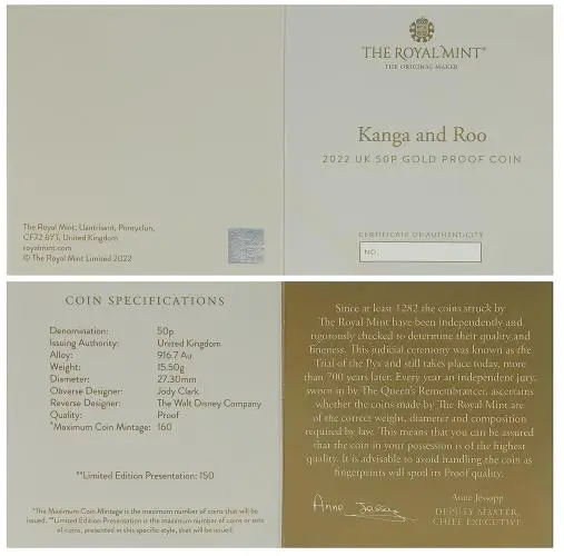 2022 Winnie the Pooh & Friends Gold Proof  'Kanga & Roo' 50p Coin certificate