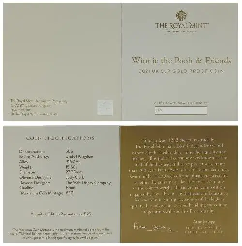 2021 Winnie the Pooh & Friends Gold Proof 50p Coin certificate