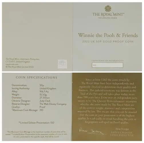 2022 Winnie the Pooh & Friends Gold Proof 50p Coin certificate