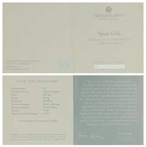 2026 Spice Girls 'Music Legends' Silver Proof 1 oz Coin (Coloured) certificate