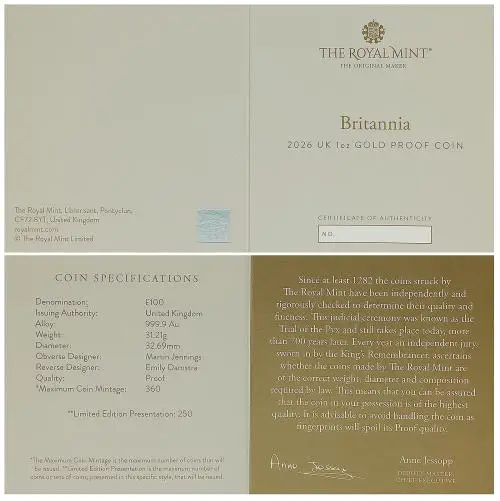 2026 Gold Britannia 1 oz Proof Coin certificate