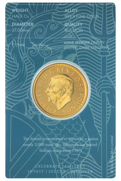 2024 Gold Bullion 0.5 Ounce Britannia Charles III Pound Sterling £50  Coin In Blister Pre-Owned United Kingdom The Royal Mint obverse