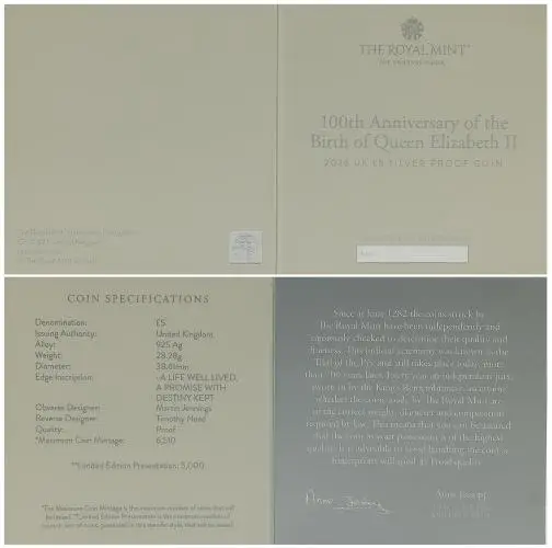 2026 '100th Anniversary of the Birth of Queen Elizabeth II' Silver Proof £5 Coin certificate