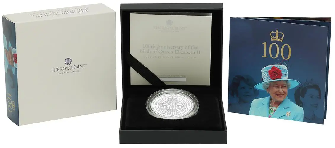 2026 '100th Anniversary of the Birth of Queen Elizabeth II' Silver Proof £5 Coin display