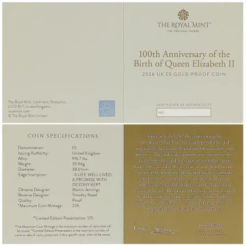 2026 '100th Anniversary of the Birth of Queen Elizabeth II' Gold Proof £5 Coin certificate