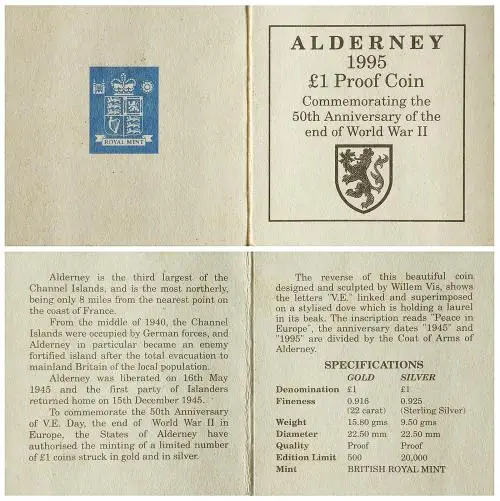 1995 Gold Proof 50th Anniversary of the end of WWII Pound Sterling £1  Coin With Book with Cert Alderney certificate