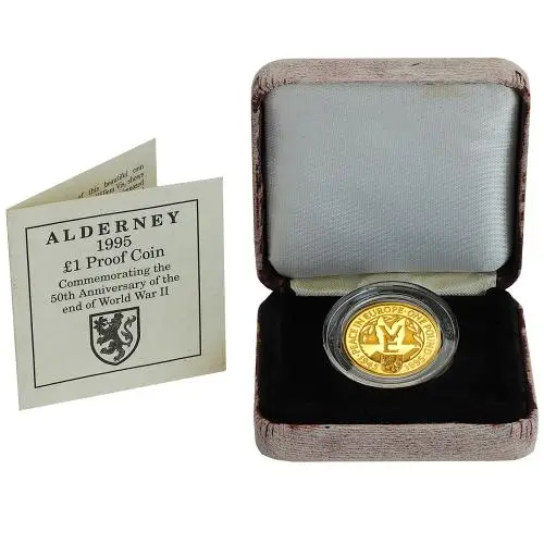 1995 Gold Proof 50th Anniversary of the end of WWII Pound Sterling £1  Coin With Book with Cert Alderney reverse display