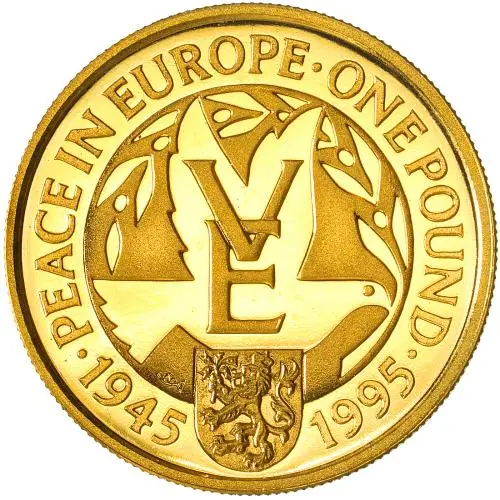 1995 Gold Proof 50th Anniversary of the end of WWII Pound Sterling £1  Coin With Book with Cert Alderney reverse