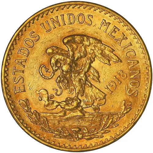 1918 Gold 20 Pesos  Coin Single Mexico reverse