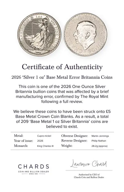 2026 Base Metal Minting Error "1 oz Silver" Britannia Coin cert 2
