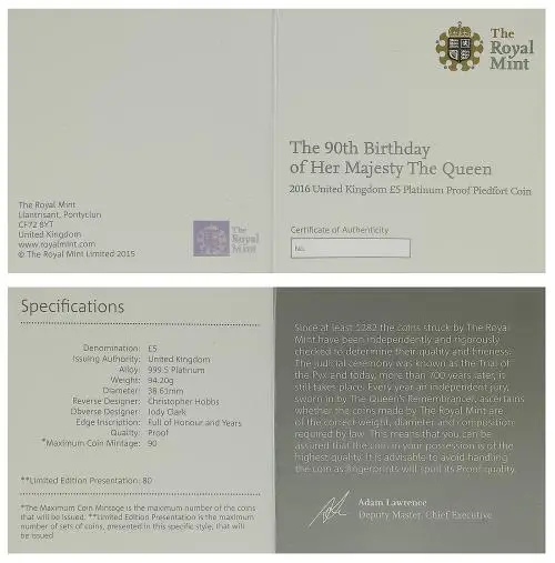 2016 Platinum Proof Elizabeth II The Queen's 90th Birthday Pound Sterling £5 / Crown  Coin Single with Cert United Kingdom The Royal Mint certificate