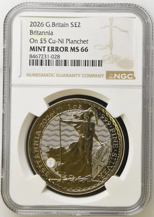 2026 Base Metal Minting Error "1 oz Silver" Britannia Coin  - NGC Graded reverse MS 66