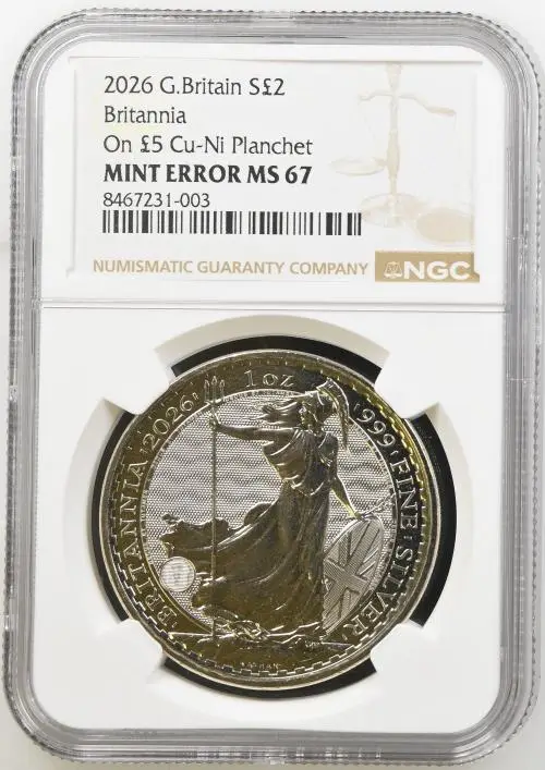 2026 Base Metal Minting Error "1 oz Silver" Britannia Coin  - NGC Graded reverse MS 67