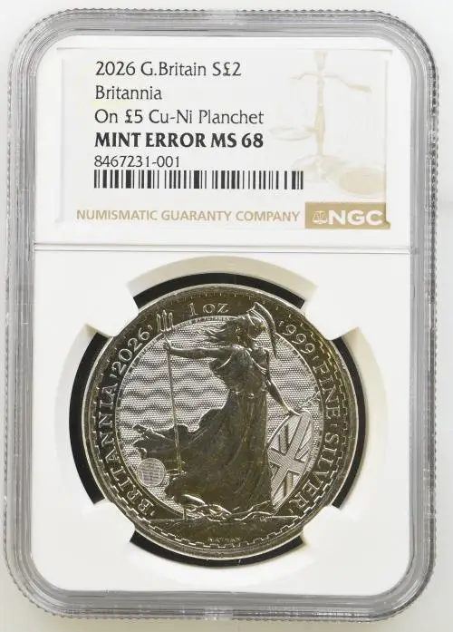 2026 Base Metal Minting Error "1 oz Silver" Britannia Coin  - NGC Graded reverse MS 68
