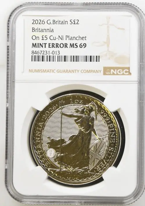 2026 Base Metal Minting Error "1 oz Silver" Britannia Coin  - NGC Graded reverse MS 69