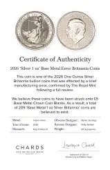 2026 Base Metal Minting Error "1 oz Silver" Britannia Coin  - NGC Graded cert