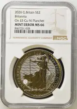 2026 Base Metal Minting Error "1 oz Silver" Britannia Coin  - NGC Graded reverse MS 66
