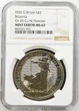 2026 Base Metal Minting Error "1 oz Silver" Britannia Coin  - NGC Graded reverse MS 67