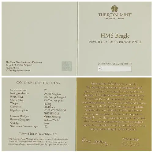 2026 HMS Beagle 'The Voyage of the Beagle' £2 Gold Proof Coin certificate