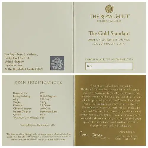 2021 The Gold Standard 0.25 oz Gold Proof Coin certificate