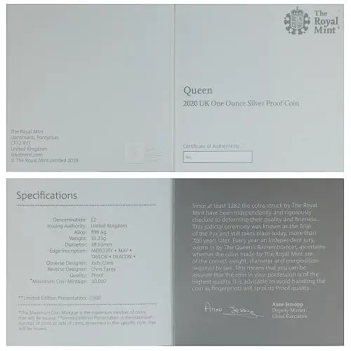 2020 Music Legends 'Queen' 5 oz Silver Proof Coin - Pre-Owned certificate
