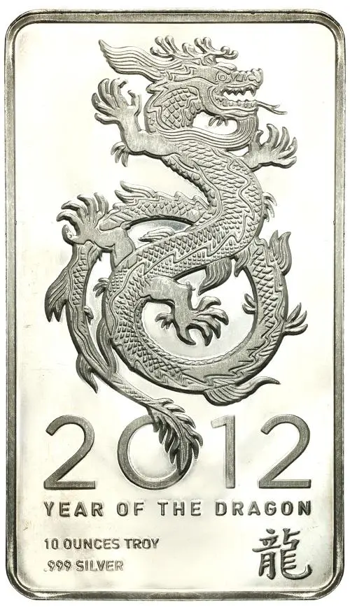 2012 Year of the Dragon 10 oz Silver Bullion Cast Bar Pre-Owned reverse