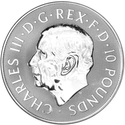  2025 Silver 10 Ounce Queen's Beasts White Greyhound of Richmond Bullion Coin obverse