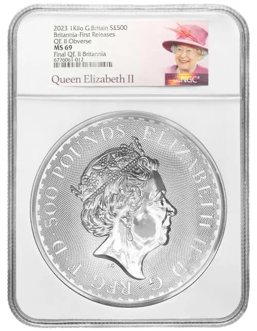 2023 Silver Bullion 1 Kilogram Britannia Elizabeth II Pound Sterling £500  Coin NGC United Kingdom The Royal Mint MS-69 obverse