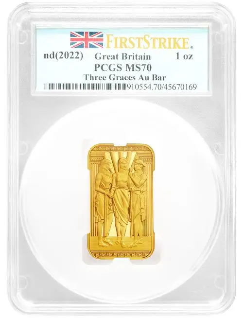 First Strike Gold Graded 1 Ounce Three Graces  Bar United Kingdom PCGS MS-70 reverse